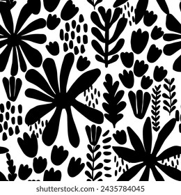 Seamless pattern with silhouette flowers. Creative texture for fabric, wrapping, textile, wallpaper, apparel. Cute background. Black and white design for girls