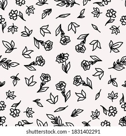Seamless pattern silhouette flowers and leaves on white background. Hand painting. Design for fabric, textile, packaging, flower shop, website, floristry.