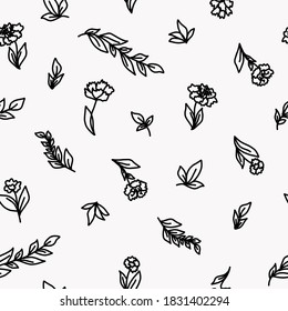 Seamless pattern silhouette flowers and leaves on white background. Hand painting. Design for fabric, textile, packaging, flower shop, website, floristry.