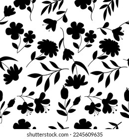 Seamless pattern silhouette of flowers and leaves.