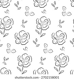 Silhueta padrão sem emenda flores galhos folhas vetor mão desenhada ilustração na linha de estilo arte.