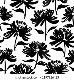 Seamless pattern with silhouette flowers. Vector ink illustration. Hand drawn feminine background.