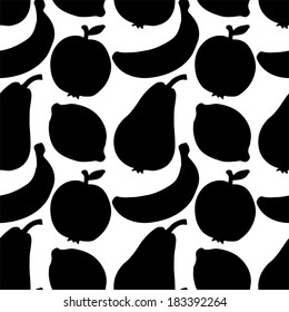 Seamless Pattern with Silhouette Fruits. Apples. Lemons. Bananas. Pears in Black and White - vector 