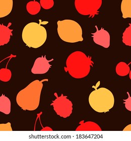 Seamless Pattern with Silhouette Fruits and Berries. Apples. Lemons. Pomegranate. Strawberries. Cherry. Raspberries - vector 