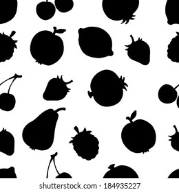 Seamless Pattern with Silhouette Fruits and Berries. Apples. Lemons. Pomegranate. Strawberries. Cherry. Raspberries in Black and White - vector 