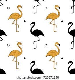 Seamless pattern with a silhouette of a golden flamingo on a white background. Vector. A simple pattern. Vector illustration.