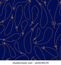 seamless pattern with silhouette golden linear feathers on a navy blue background. for paper, cover, fabric, interior decor and other users
