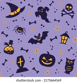 Seamless pattern with silhouette Halloween elements - bat, ghost, owl, bones, spider, pumpkin on lavender background. Print for wrapping paper, fabric, web design. Vector flat design illustration