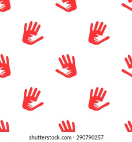 Seamless pattern of silhouette hand in hand showing care, love, support, a small hand in a large, red hand on a white background