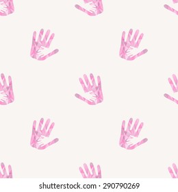 Seamless pattern silhouette hand in hand showing care, love, support, a small hand in a large, consisting of pink polygons on a light background