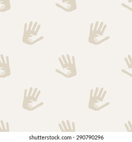Seamless pattern of silhouette hand in hand showing care, love, support, a small hand in the big, light beige color