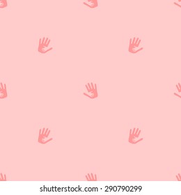 Seamless pattern of silhouette hand in hand showing care, love, support, a small hand in the big, pale peach coral color