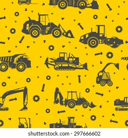 Seamless pattern with silhouette of heavy equipment and machinery