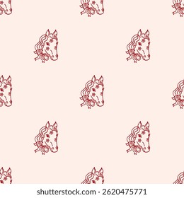 Seamless pattern with silhouette of horse head with coquette bow ribbon and flowers. Trendy background with whimsical animal. Vintage Hand drawn red ink backdrop. Wild West or  y2k aesthetic