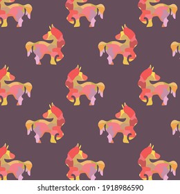 Seamless pattern with silhouette of horse with mosaic hand drawn pattern and dark violet background perfect for backgrounds, textile design, celebration of lunar new year