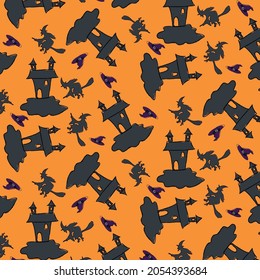 Seamless pattern with a silhouette of a house, a witch and a witch hat on an orange background. It is perfect for Halloween website design, prints and more
