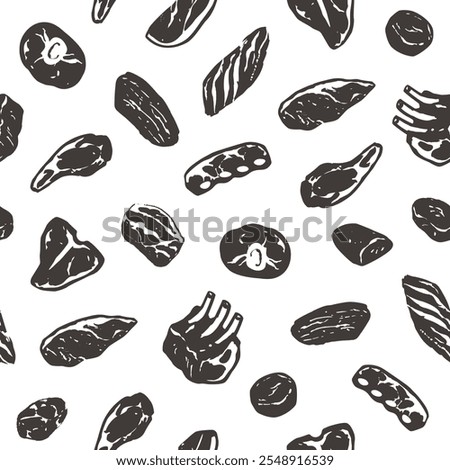 Seamless pattern with silhouette icons of meat cuts, wrapping paper design for butcher shop, barbecue restaurant menu template