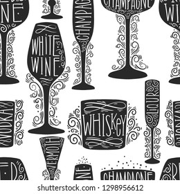 Seamless pattern of silhouette images of glass glasses for different drinks. Shape stemware lettering text. Vector illustration