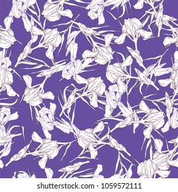 Seamless pattern with silhouette iris flowers and leaves on violet background. Hand drawn vector ilustration.