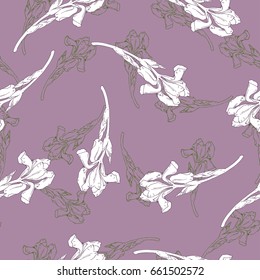 Seamless pattern with silhouette iris flowers on pastel lilac background. Hand drawn vector illustration.
