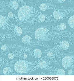 Seamless pattern with silhouette of jellyfish. Underwater vector wallpaper.