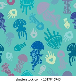 Seamless pattern with silhouette of  jellyfishes on a turquoise background. Vector wallpaper with underwater sea creatures.