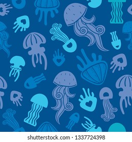 Seamless pattern with silhouette of jellyfishes on a blue background. Vector wallpaper with underwater sea creatures.