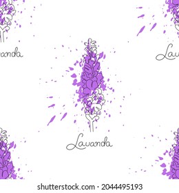 Seamless pattern with silhouette of lavender with purple paint splash and lettering Lavander. Line art style. The image is used for printing on cosmetics packaging, for advertising health products