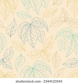 Seamless pattern of silhouette leaves and branches. Decorative outline collection of plants. Hand drawn botanical vector illustration for greeting card, invitation, wallpaper, wrapping paper, fabric