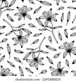 Seamless pattern of silhouette lily flower, leaves, branches. Decorative floral collection outline plant. Botanical hand drawn vector illustration for greeting card, wallpaper, wrapping paper, fabric