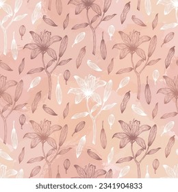Seamless pattern of silhouette lily flower, leaves, branches, brush shapes. Decorative floral outline plant, grunge texture. Hand drawn vector illustration for wallpaper, wrapping paper, fabric