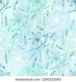 Seamless pattern of silhouette lily flower, leaves, branches, brush shapes. Decorative floral outline plant, grunge texture. Hand drawn vector illustration for wallpaper, wrapping paper, fabric