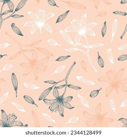 Seamless pattern of silhouette lily flower, leaves, branches. Decorative floral collection outline plant. Botanical hand drawn vector illustration for greeting card, wallpaper, wrapping paper, fabric