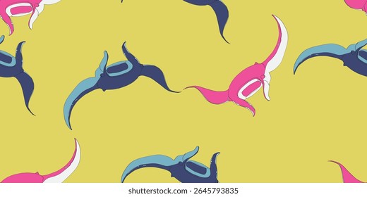 Padrão contínuo com silhueta de mantas em um fundo azul, amarelo e branco. Papel de parede vetorial com animais marinhos.