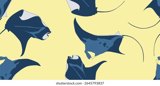 Padrão contínuo com silhueta de mantas em um fundo azul, amarelo e branco. Papel de parede vetorial com animais marinhos.