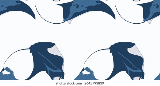 Padrão contínuo com silhueta de mantas em um fundo azul, amarelo e branco. Papel de parede vetorial com animais marinhos.
