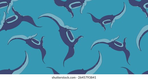 Padrão contínuo com silhueta de mantas em um fundo azul, amarelo e branco. Papel de parede vetorial com animais marinhos.