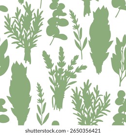 padrão sem costura com silhueta de ervas medicinais, alecrim, lavanda, sálvia. ilustração vetorial em estilo de esboço.