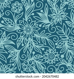 Seamless pattern with a silhouette of mint flowers on a blue background in a vector