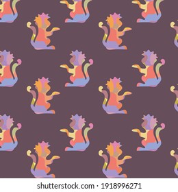 Seamless pattern with silhouette of monkey with mosaic hand drawn pattern and dark violet background perfect for backgrounds, textile design, celebration of lunar new year