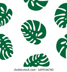 Patrón sin soldadura con silueta de hojas de monstera. Fondo verde y blanco. Ornamento tropical. Planta exótica. Hawai y estilo boho. Para rayar, papel pintado, papel envasado y textiles