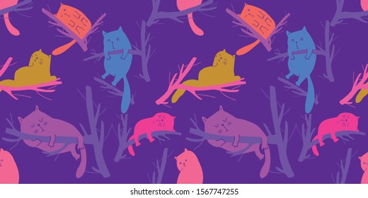 Seamless pattern with the silhouette of multi-colored cats. Cartoon style. Cats sleep on tree branches. Pink - purple color gamut. vector background