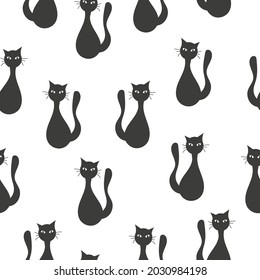 Patrón sin foco con silueta de un gato negro místico sobre fondo blanco