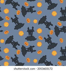 Seamless pattern with the silhouette of an old house, a full moon and pumpkins on a dark background. It is perfect for Halloween website design, prints and more