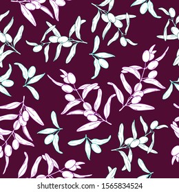 Seamless pattern with silhouette olive branches on dark purple background. Hand drawn vector illustration.