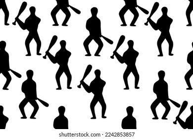 Seamless pattern with silhouette of a person baseball player on white background. Wallpaper or bed linen print. Sport website banner.