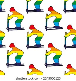 Seamless pattern with silhouette of a person on skis against the background of the LGBT flag. Non-binary personalities in sports concept. 