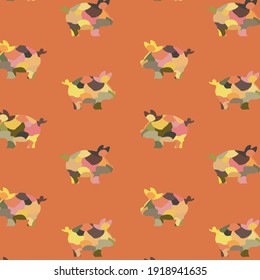 Seamless pattern with silhouette of pig with mosaic hand drawn pattern and dark orange background perfect for backgrounds, textile design, celebration of lunar new year