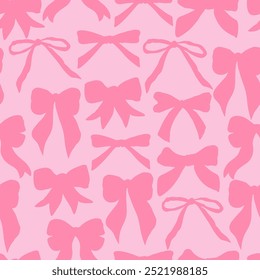 Seamless pattern with silhouette of pink bow knots. Abstract hair braiding accessory. Editable vector illustration for wrapping paper, packaging, fabric, wallpaper, phone case etc. 