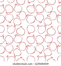 Seamless pattern with silhouette of pomegranate. Hand drawn vector illustration of outline garnet.